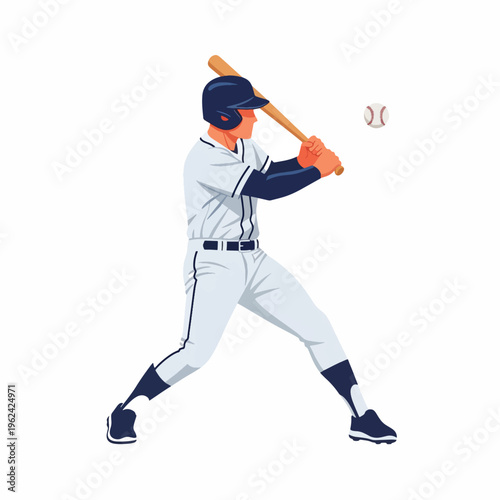 Illustration of a baseball player swinging a bat at a flying ball in a dynamic stance wearing a white uniform.