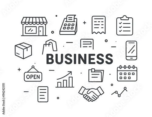 Small business operations and entrepreneurship concept focused on running daily activities, managing sales, and building customer relationships. BUSINESS title with surrounding