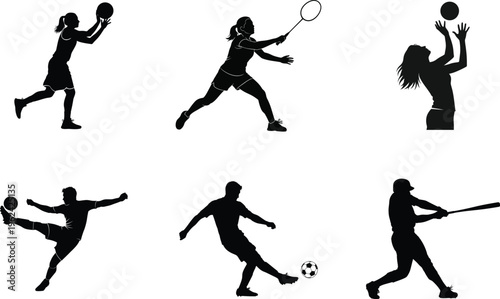 Silhouette of various sports actions featuring six different athletes in silhouette