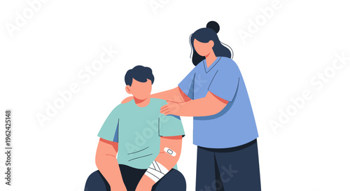 Compassionate Care: Nurse or Friend Comforts Injured Patient with Bandaged Arm. Healthcare support & empathy during recovery illustration.
