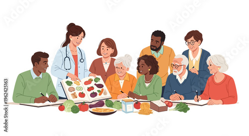 Doctor or Nutritionist Leading a Healthy Eating Class for Diverse Adults and Seniors, Focusing on Balanced Nutrition & Wellness Education