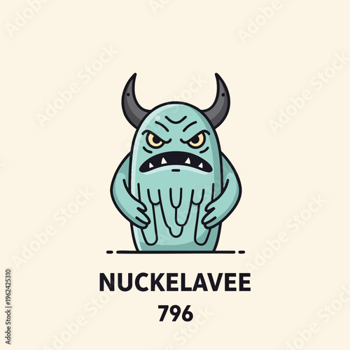 A cartoon monster with horns, an angry face, and droopy tendrils stands on a line. It has a teal body, black outline, and is set against a beige background