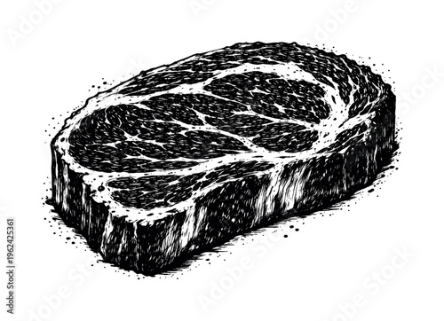 A realistic slice of marbled ribeye steak shown in dramatic three-quarter perspective, enlarged to fill most of the frame and isolated on a perfectly clean