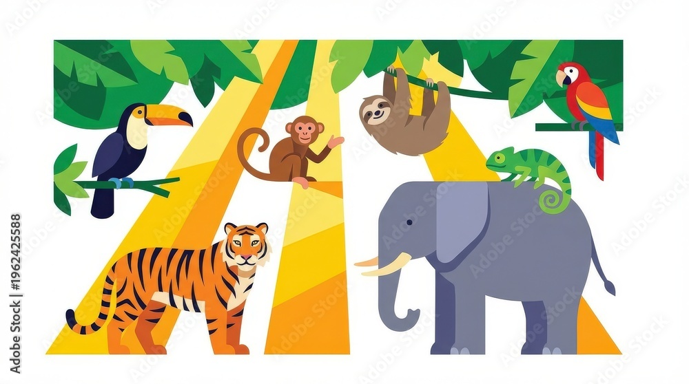 Fototapeta premium Tropical jungle animals illustration collage.