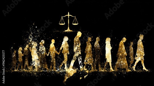 Silhouettes of people and scale symbolize justice against a black backdrop