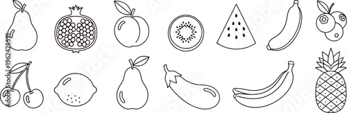 A collection of various cartoon style fruits and vegetables in black and white line art isolated on transparent background