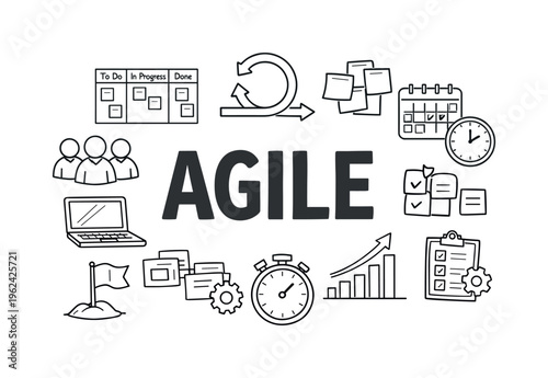 Agile workflow and sprint management concept centered on iterative development, team collaboration, and delivering projects efficiently in structured cycles. AGILE title with