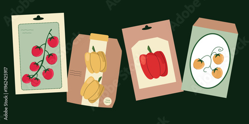 Seed packet packaging vector set with tomato and pepper varieties, vegetable seed bags collection, flat gardening clipart for planting and home garden isolated on dark background