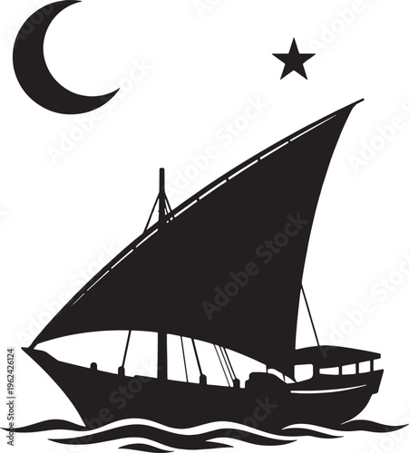 Sailing boat, sailboat silhouette, night sailing, moon star, vector illustration