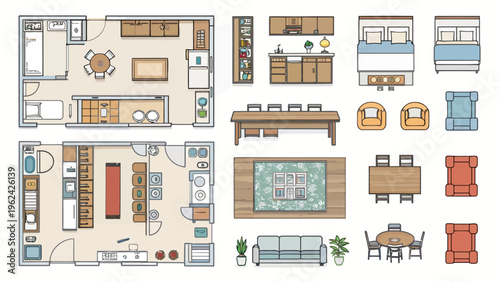 A detailed floor plan and furniture layout vector graphic illustration