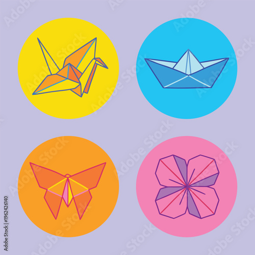 Origami Icons Set - Crane, Boat, Butterfly, Flower.