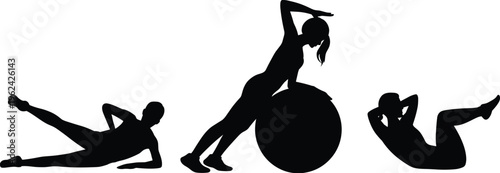 Silhouette set of people performing abdominal exercises, side leg lift, crunch with ball, bicycle crunch, core fitness illustration