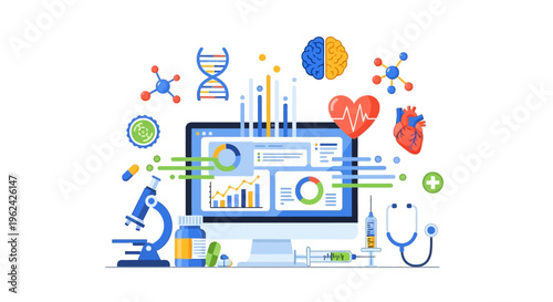 Digital Health Platform for Medical Data Analysis, Scientific Research, and Advanced Diagnostics. Modern healthcare technology with vibrant icons.