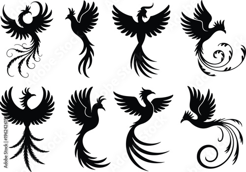 Black phoenix silhouette illustration collection, nine unique mythical bird designs with wings, tails, elegant artistic forms, rebirth, immortality