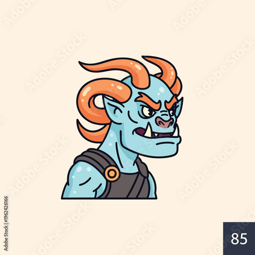 A cartoonish, blue-skinned creature with orange horns and angry expression. It wears a leather harness. A "85" appears in the corner