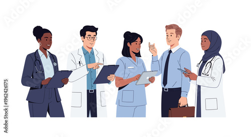 Diverse Healthcare Team Collaboration: Medical Professionals and Business Leaders Discussing Strategy and Patient Care