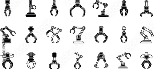 A professional set of industrial robotic arm icons and mechanical gripper silhouettes perfect for automated factory technology, manufacturing engineering, heavy machinery design, and robotics.