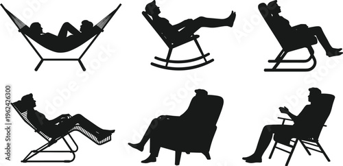 Silhouette collection of people relaxing in hammock, rocking chairs, lounge, recliner, folding chair, leisure comfort, furniture illustration