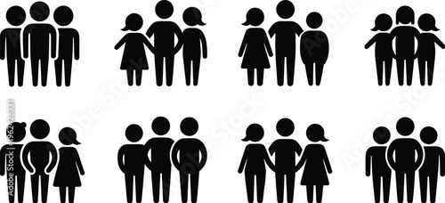 Silhouette collection of diverse groups of three people, family figures, social unity, inclusivity concept, demographic artwork illustration