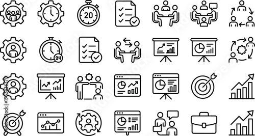 Business Process and Project Management Line Icon Set Featuring Workflow, Team Collaboration, Analytics, Planning, Performance, and Strategy Symbols for Web and App Design