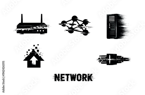 Network infrastructure concept  a set of five glitch-distorted monochrome tech icons arranged with generous spacing on a perfectly clean white background, each
