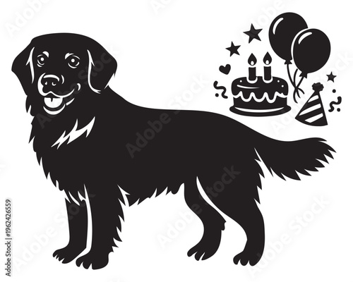 Golden Retriever dog birthday silhouette vector, black lab pet celebration with cake and balloons, canine party invitation graphic