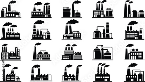 Black and white industrial factory icon set featuring manufacturing plants power stations smoke stacks and refinery silhouettes for urban pollution and global production concepts