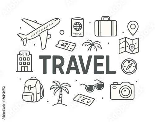 Travel planning and exploration concept centered on discovering new destinations, organizing trips, and enjoying global experiences. TRAVEL title with surrounding icons of