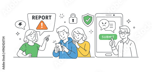 A user awareness scenario where people learn to recognize, report, and respond to online harassment while maintaining a safe digital presence, illustrated by a small group