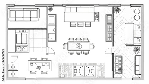 A detailed floor plan of a modern home with various rooms and furniture silhouette