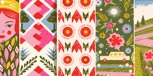 Colorful patterned blocks featuring floral and geometric motifs including a face