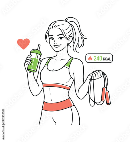 Single-character moment illustration of a woman in activewear holding a smoothie bottle in one hand and a jump rope in the other, a small heart and calorie