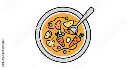 A simple, flat illustration of a bowl filled with soup. Carrots, potatoes, and peas are visible, with a spoon resting in the bowl