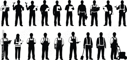 Black and white silhouette collection of diverse industrial workers construction laborers and engineers wearing hard hats holding tools for professional manufacturing industry vector designs.