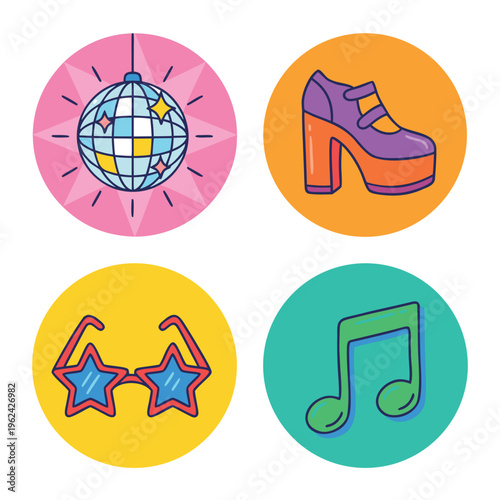 Retro Disco Party Icons Set.