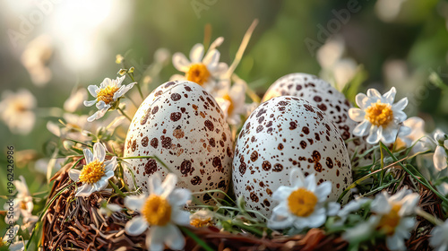 Three speckled Easter eggs led in a woven bird's surrounded by delicate white daisy flowers on a bright sunny day, celebrating sptime traditions.