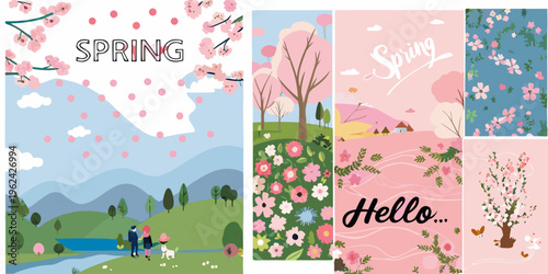 Collage of spring themed illustrations with floral and landscape motifs