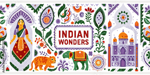 A colorful pattern showcasing indian culture landmarks and wildlife