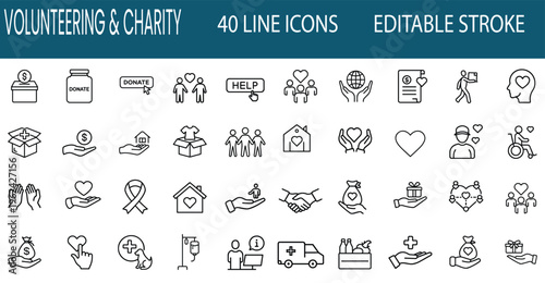 Volunteering and charity outline icon set featuring donation box, medical ambulance, food delivery, awareness ribbon, heart care, and more vector illustration on editable stroke
