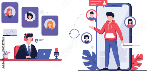 Flat vector illustration of a professional male broadcaster at a desk with laptop connecting to a man on a smartphone screen during online interview.