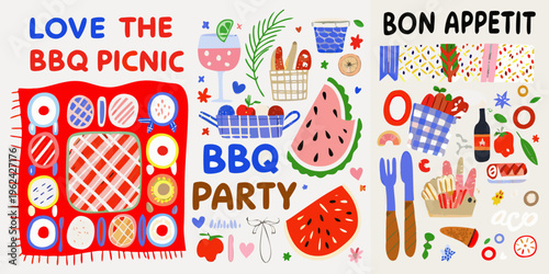 Colorful illustration of a barbecue picnic with food drinks and decorations