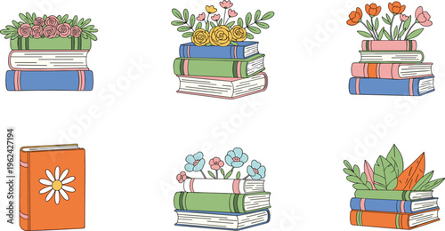 Cute Books with Flowers Vector Set Featuring Colorful Book Stacks, Floral Decorations, and Reading Illustrations for Education, Literature, and Cozy Lifestyle Design Projects