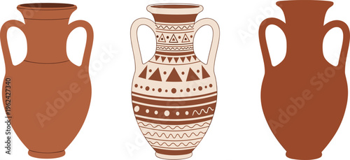 Decorative Ceramic Vase Vector Set with Traditional Clay Pottery Designs, Ethnic Patterns, Antique Amphora Shapes, and Rustic Home Decor Elements for Interior Design Projects
