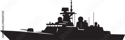 Warship, military ship, naval vessel, black silhouette, vector icon