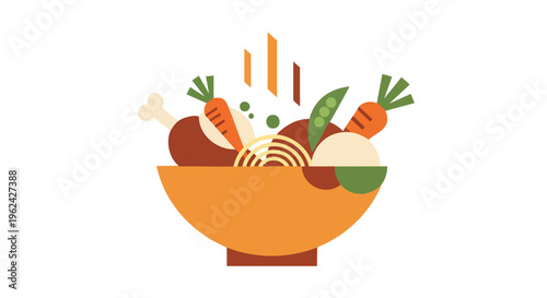 A geometric illustration of various cooked and fresh vegetables with a cooked bone, neatly arranged in a bowl. Steam rises