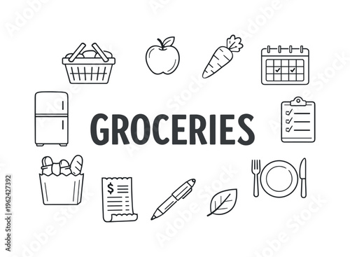 Simple grocery planning and meal preparation organization concept centered on structuring shopping lists, planning meals and maintaining efficient kitchen