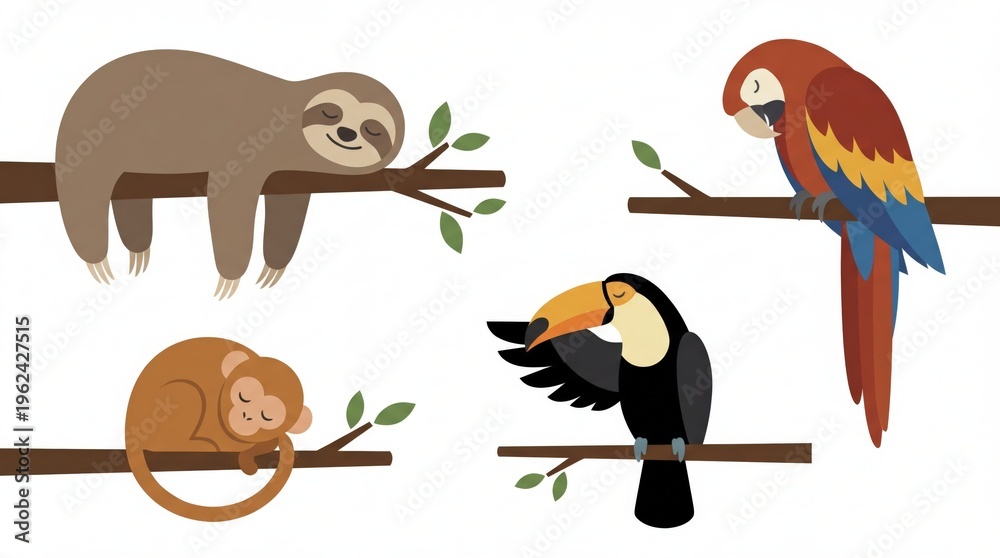 Fototapeta premium Sloth monkey parrot toucan animals.