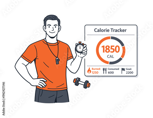 Flat editorial character illustration of a male personal trainer standing beside a floating calorie tracker screen holding a stopwatch, a small dumbbell icon