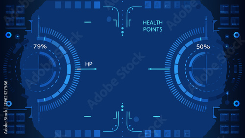 Futuristic user interface displaying health points and energy levels
