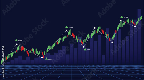 Innovative background featuring red and green Japanese candlestick charts for stock market trading investment; bullish outlook; investment and trading analysis. Stocks, Forex. Crypto buying, selling